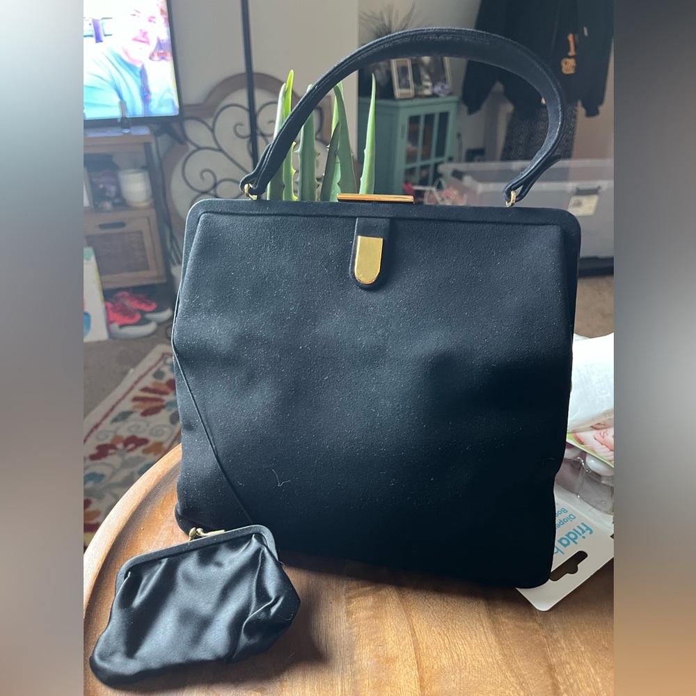 Bienen Davis Vintage Black Suede and Gold Handbag